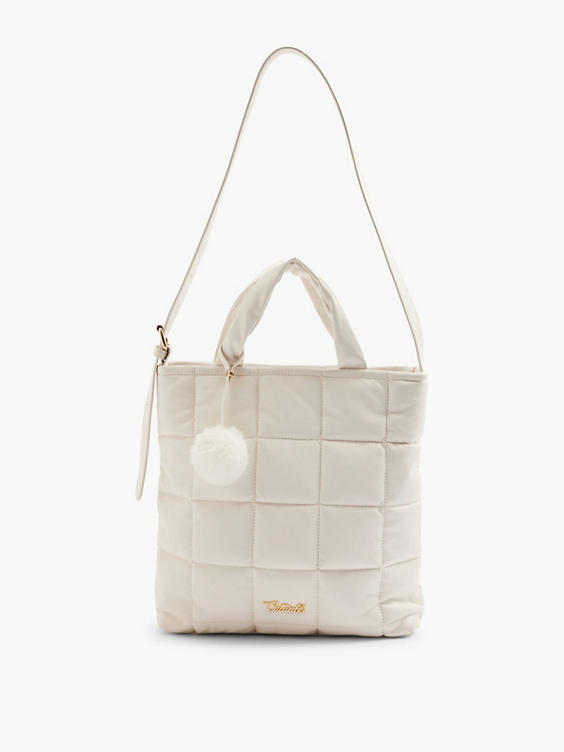 Offwhite Quilted Tote with PomPom Charm