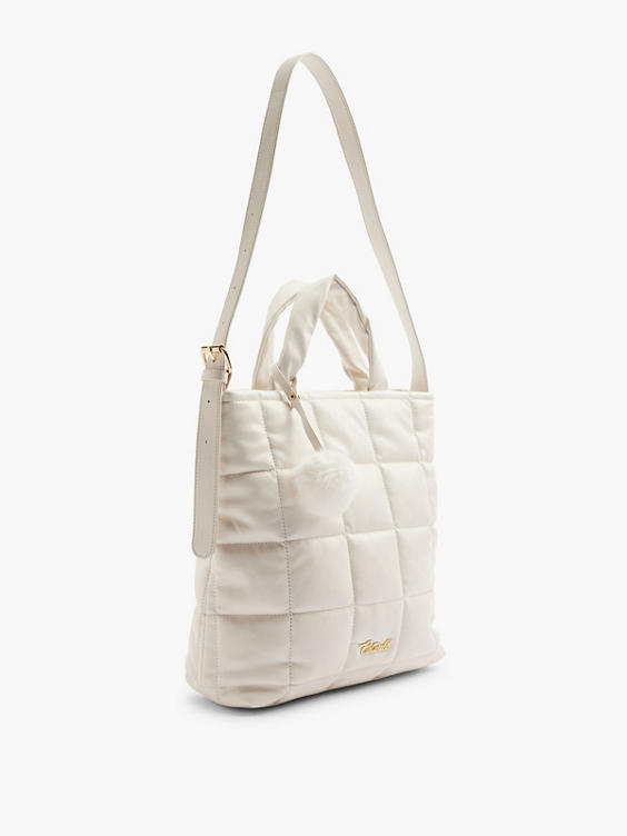 Offwhite Quilted Tote with PomPom Charm