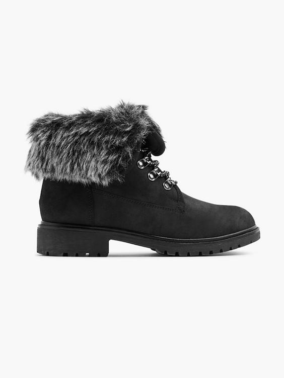 Black Faux Fur Collar Ankle Boot