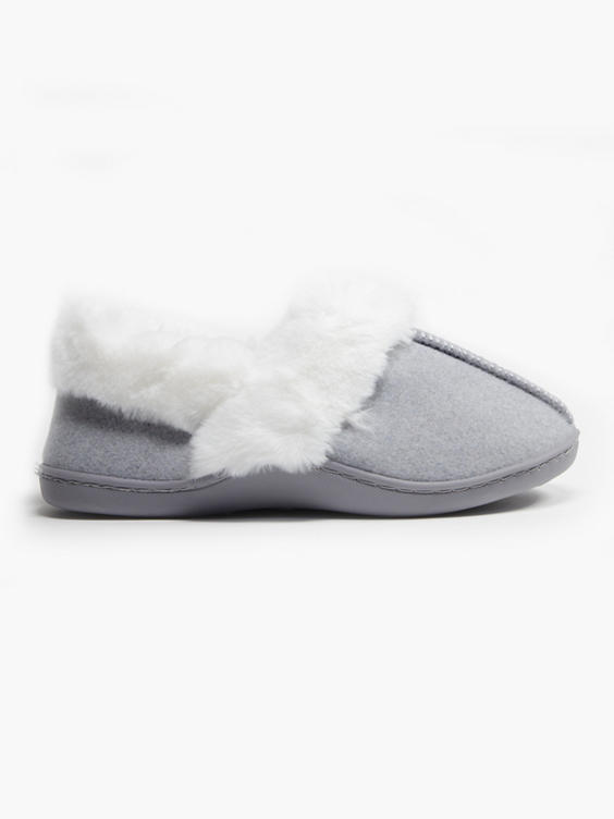Ladies Grey Fur Collar Slippers 