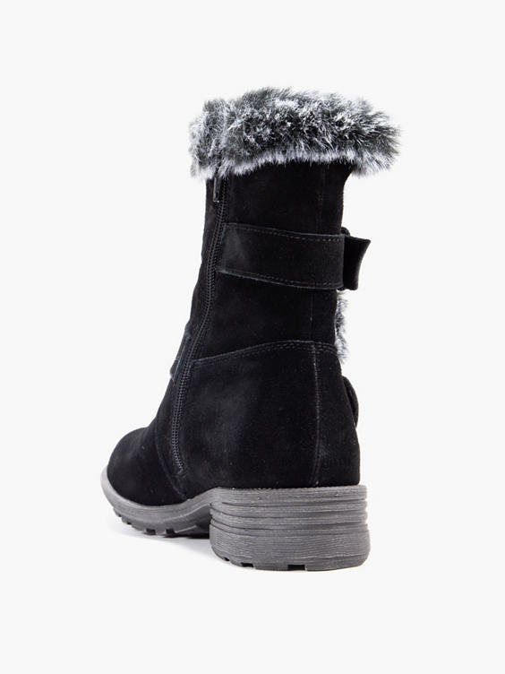 Black Suede Fur Boot with Buckle Detail 