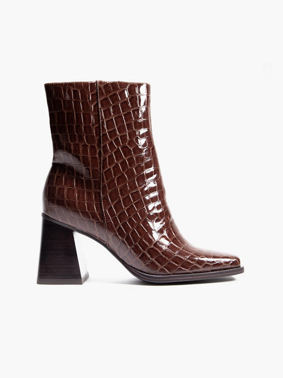 Brown Croc Print Square Toe Ankle Boot 