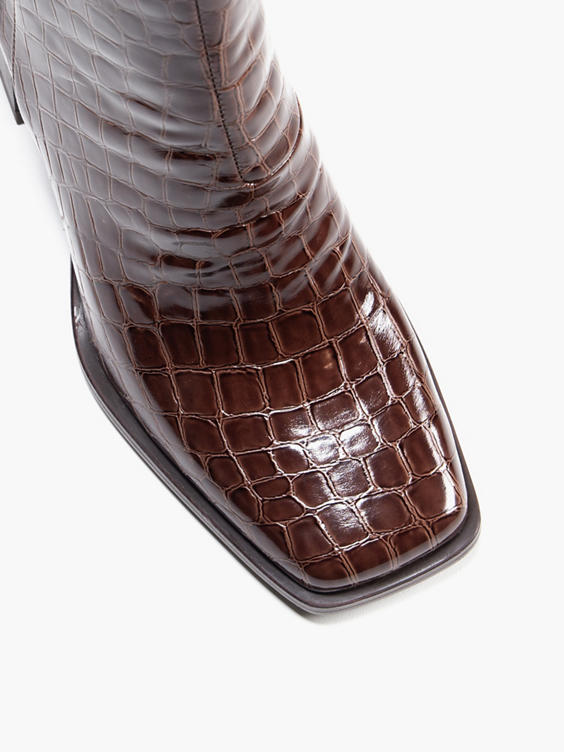 Brown Croc Print Square Toe Ankle Boot 