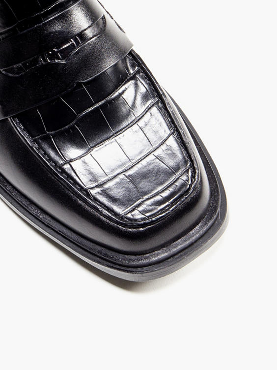 Black Leather Croc Print Panelled Loafer 