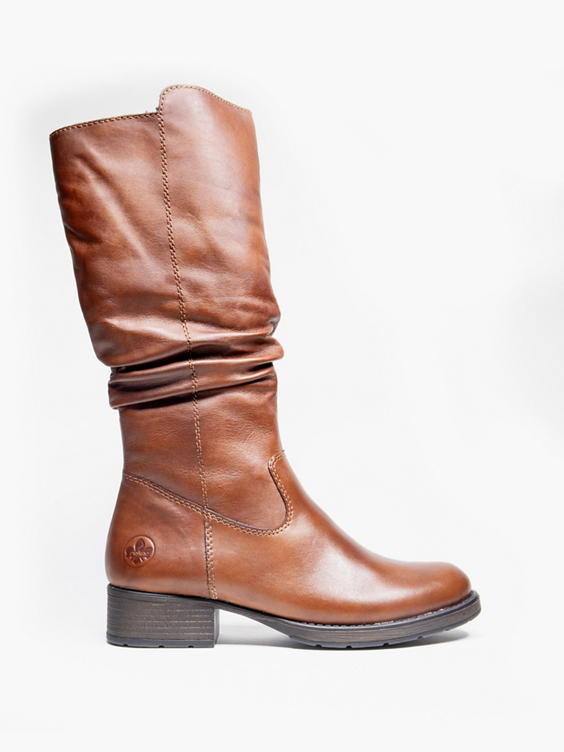 Reiker Brown Leather Long Leg Boot with Ruched Detail 