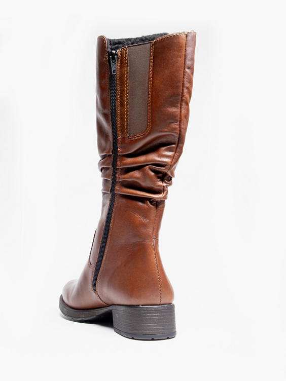 Reiker Brown Leather Long Leg Boot with Ruched Detail 