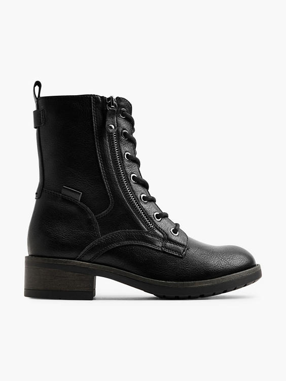 Black Lace Up Biker Boot with Zipper Detail 