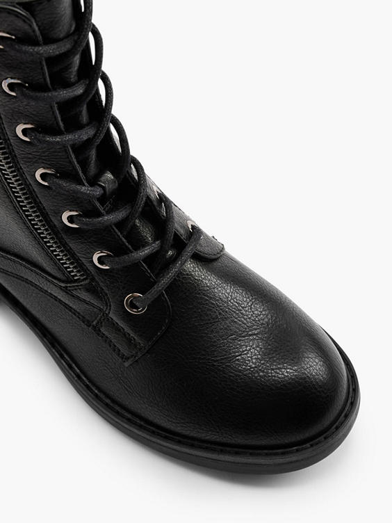 Black Lace Up Biker Boot with Zipper Detail 
