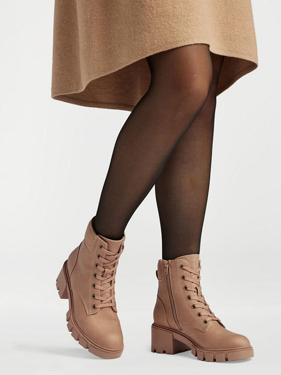 Camel Lace Up Chunky Ankle Boots 