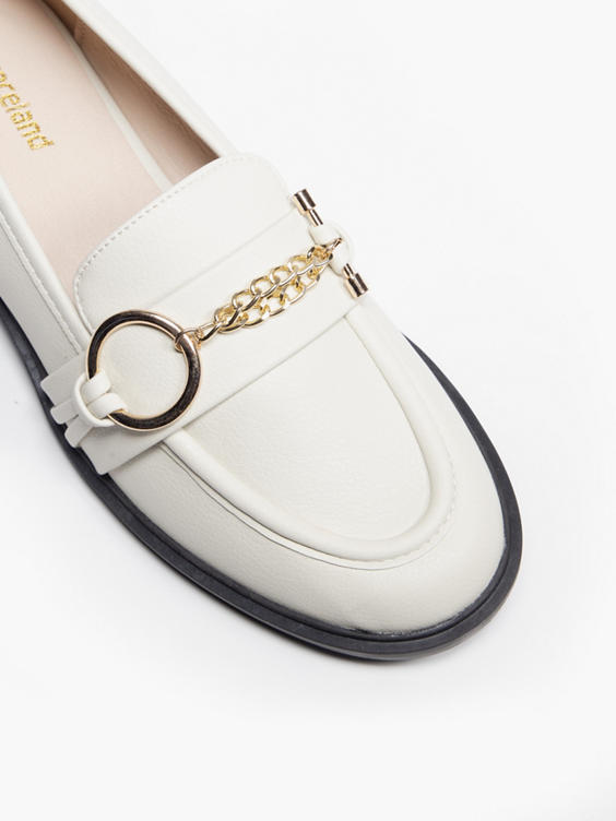 Beige Flat Loafer with Metal Heel Detail and Trim 