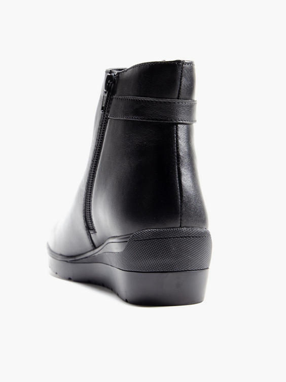 Black Leather Wedge Comfort Boot with Ring Detail 