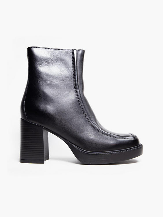 Black Leather Panelled Block Heeled Ankle Boot 