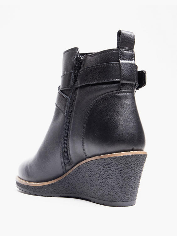Black Leather Wedge Boot with Buckle Detailing 