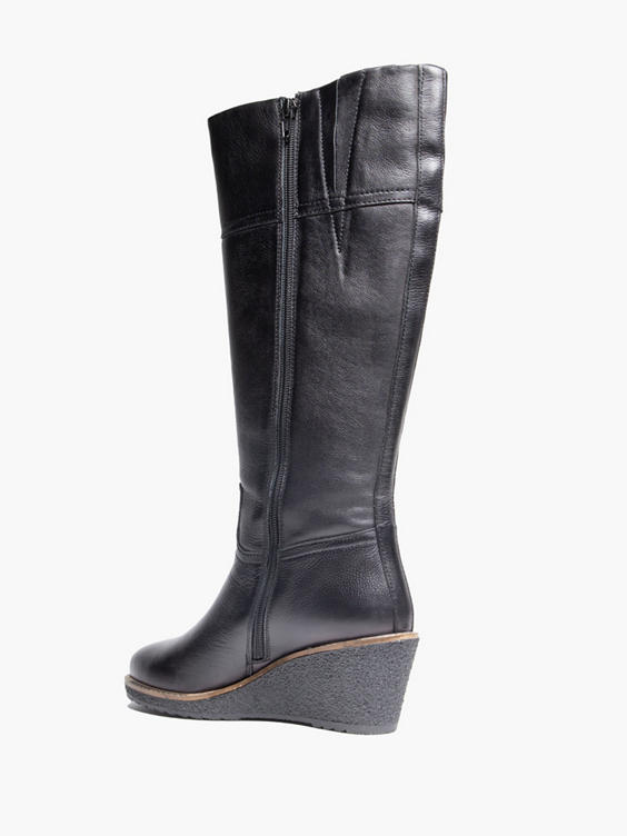 Black Leather Long Leg Wedge Heeled Boot 