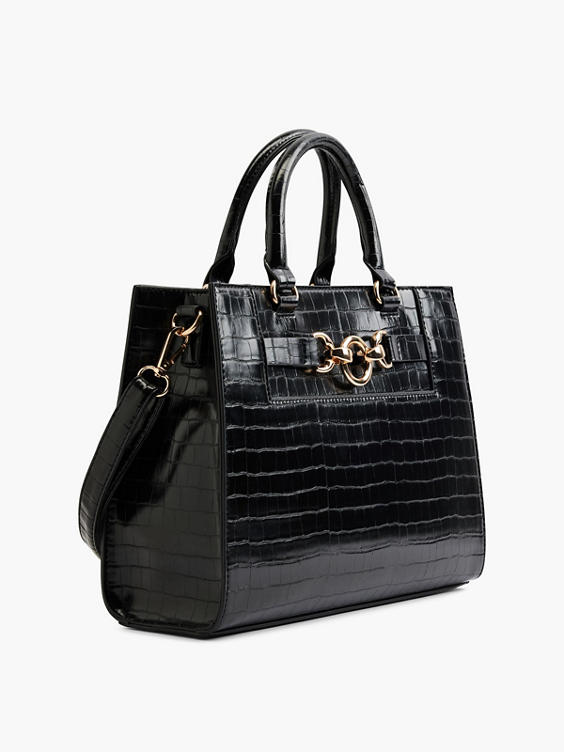 Black Handbag with Removable Strap and Metal Trim Detail 