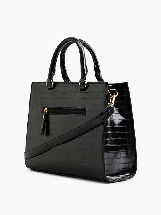 Black Handbag with Removable Strap and Metal Trim Detail 
