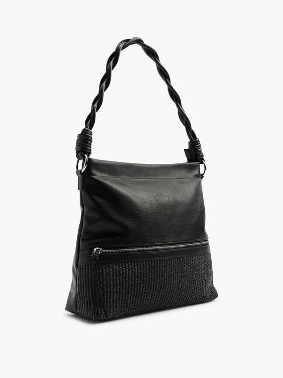 Black Shoulder Bag with Braided Handle and Woven Panel 