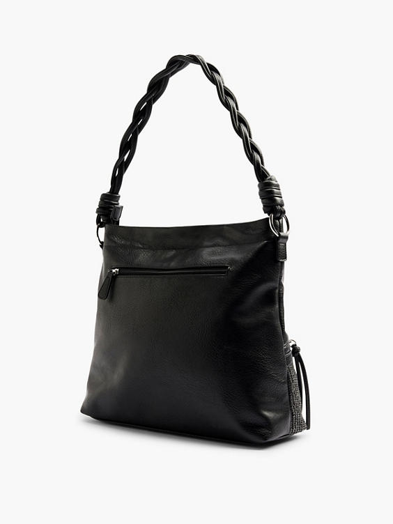 Black Shoulder Bag with Braided Handle and Woven Panel 