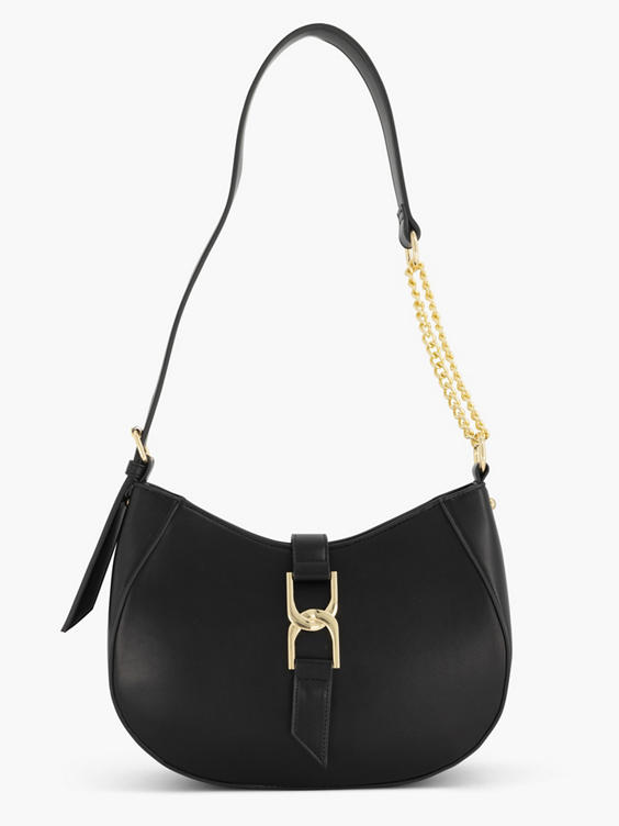 Black Handbag with Adjustable Strap and Link Detail