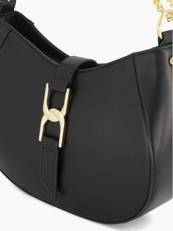 Black Handbag with Adjustable Strap and Link Detail