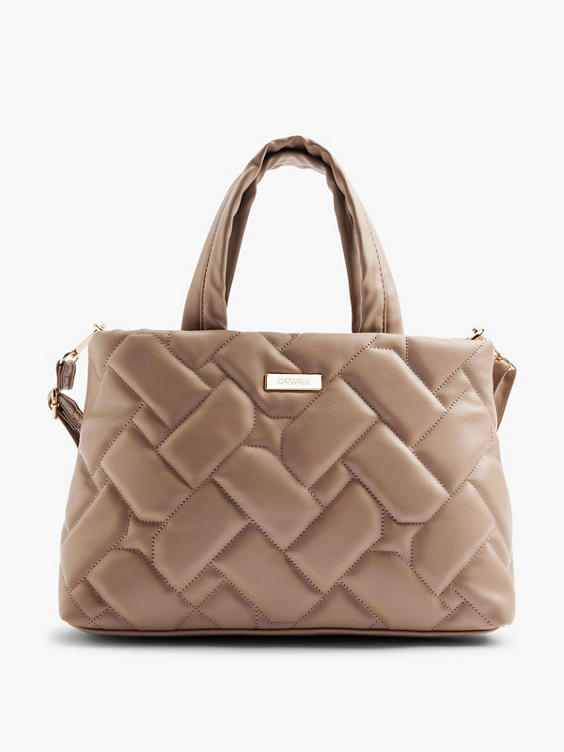 Taupe Quilted Handbag with Removable Shoulder Strap 