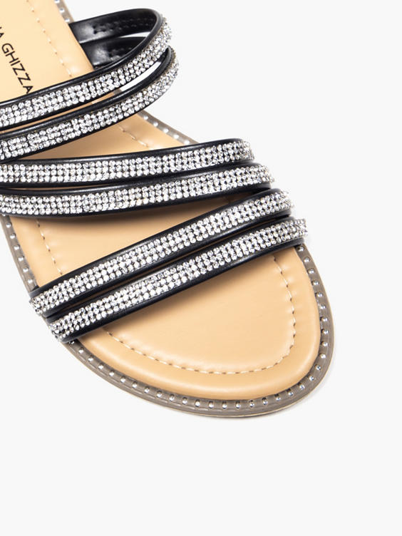 Black Strapped Sandals with Diamante Detail 