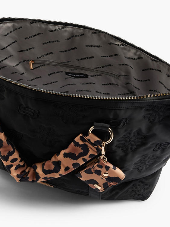 Skechers Black Embossed Tote Bag with Leopard Print Details