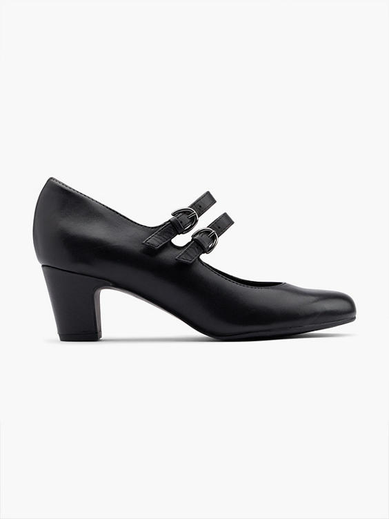 Black Leather Mary Jane Double Strapped Court Shoe
