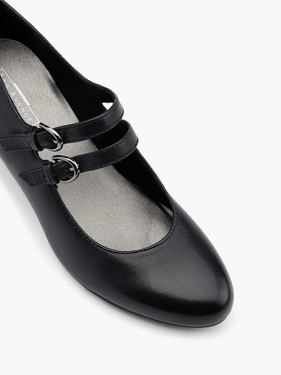 Black Leather Mary Jane Double Strapped Court Shoe