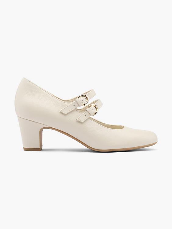 Beige Leather Double Strapped Heeled Court Shoe