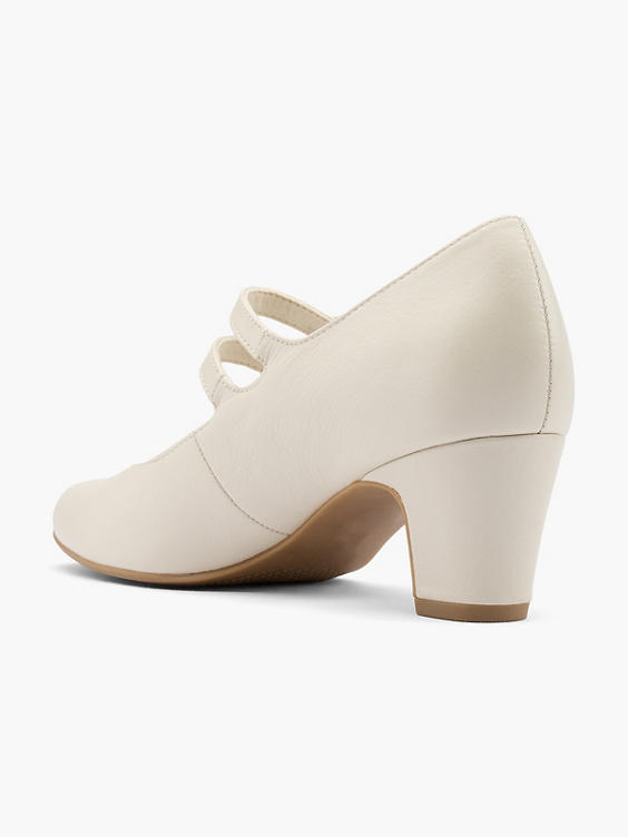 Beige Leather Double Strapped Heeled Court Shoe