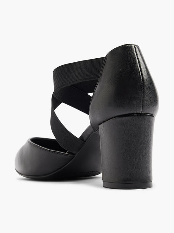 Black Leather Elasticated Strap Block Heel
