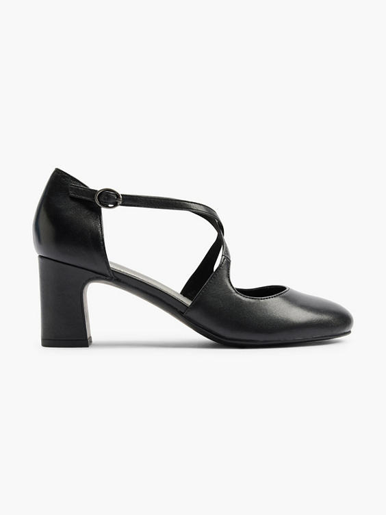 Black Leather Cross Strapped Heeled Court Shoe