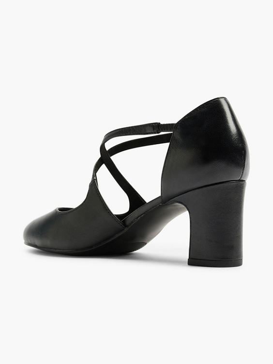 Black Leather Cross Strapped Heeled Court Shoe