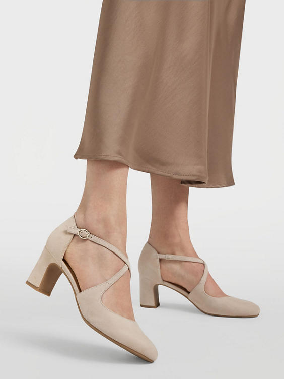 Leather Nude Cross Strapped Heeled Court Shoe
