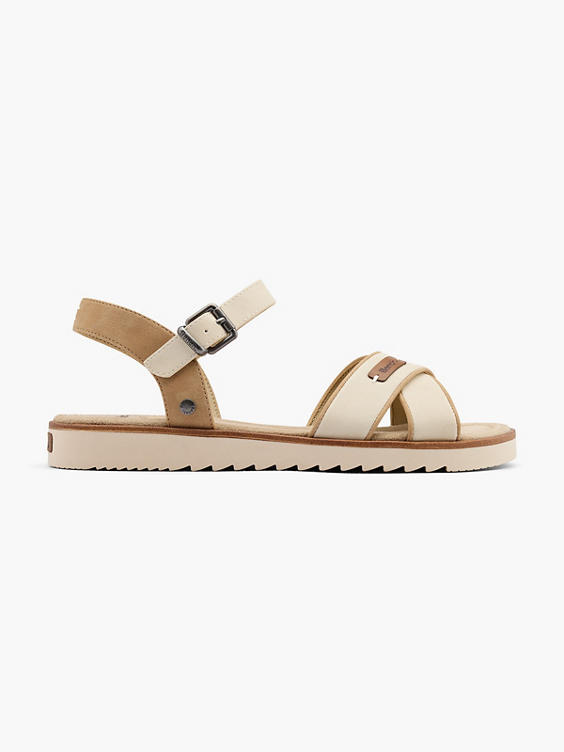 Beige Cross Strap Sandal with Ankle Strap and Buckle Detail