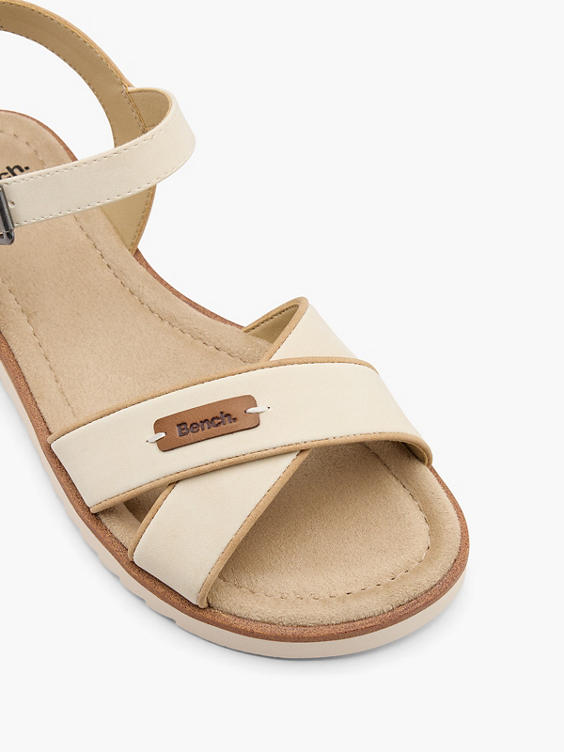 Beige Cross Strap Sandal with Ankle Strap and Buckle Detail