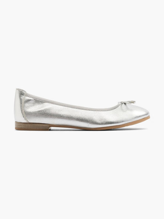 Silver Leather Ballerina with Bow Detail