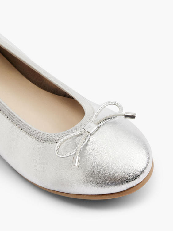 Silver Leather Ballerina with Bow Detail
