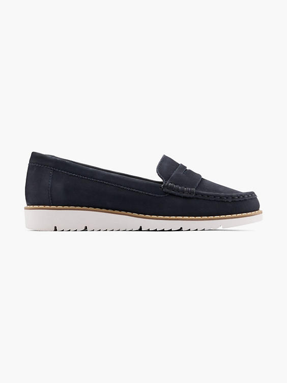 Navy Leather Flat Loafer with Contrasting Sole