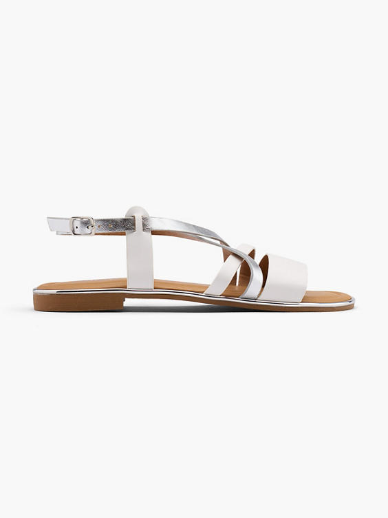 Silver and White Strapped Flat Sandal