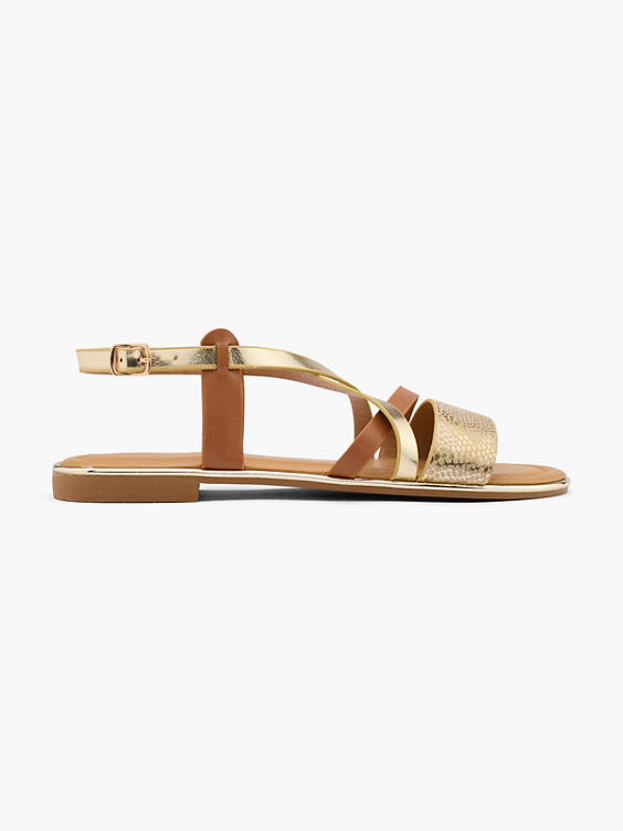 Gold and Brown Strapped Flat Sandal