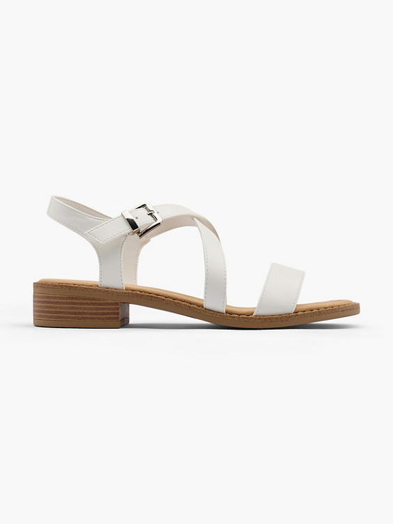 White Strappy Sandal with Buckle Detail and Wooden Effect Heel