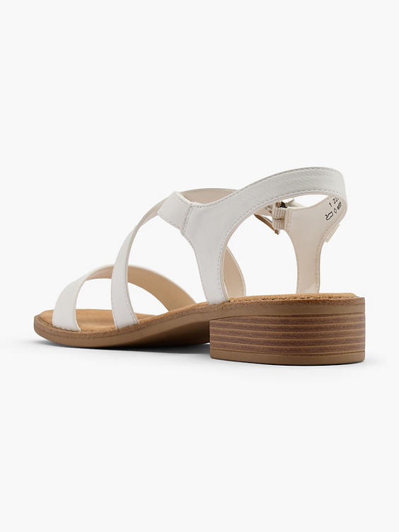 White Strappy Sandal with Buckle Detail and Wooden Effect Heel