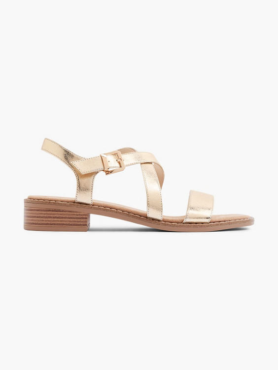 Gold Strappy Sandal with Buckle Detail and Wooden Effect Heel