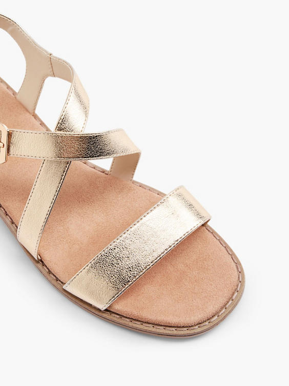 Gold Strappy Sandal with Buckle Detail and Wooden Effect Heel