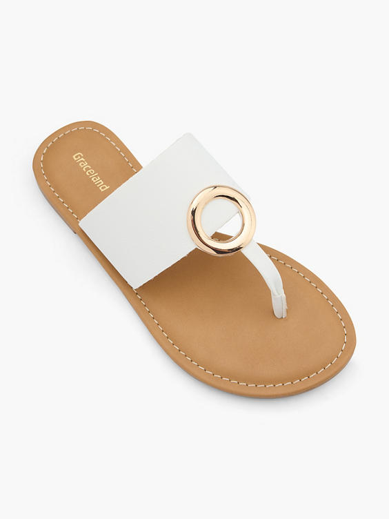 White Metal Ring Toe Thong Flat Sandal
