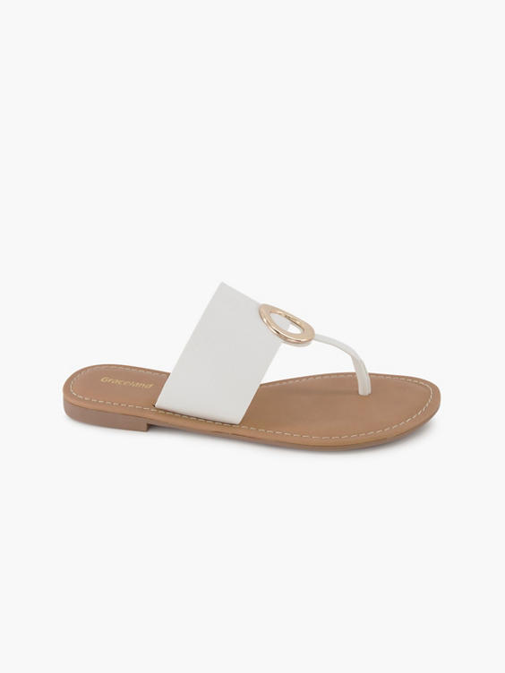 White Metal Ring Toe Thong Flat Sandal