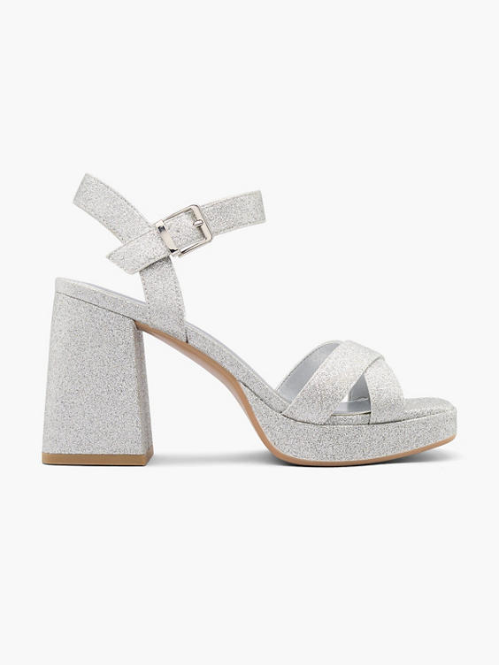 Silver Glittery Platform Heel with Ankle Strap 