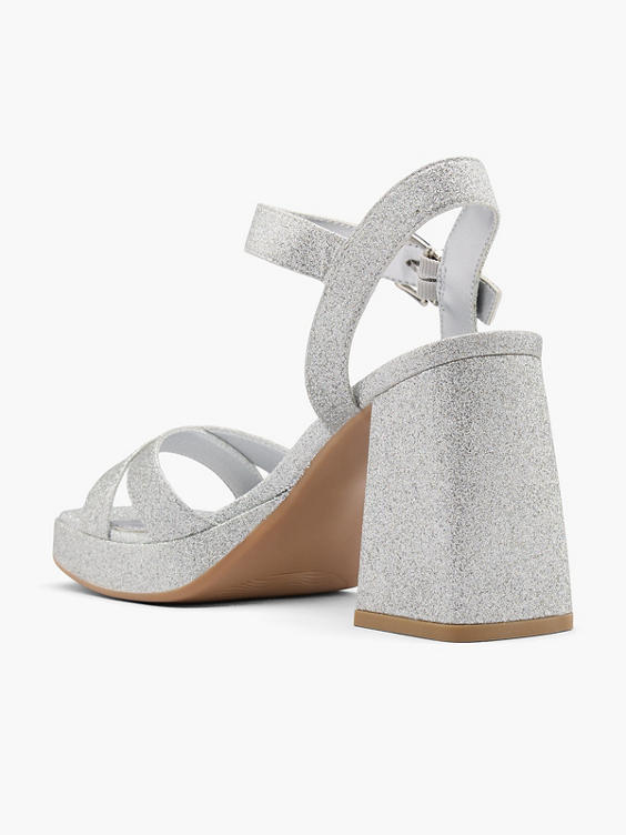 Silver Glittery Platform Heel with Ankle Strap 